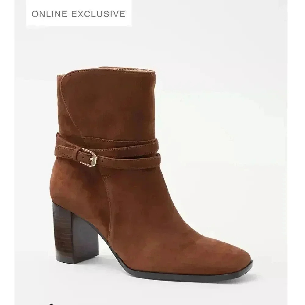 Ann Taylor Wraparound Buckle High Block Heel Suede Boots size 6 New Dark Maple